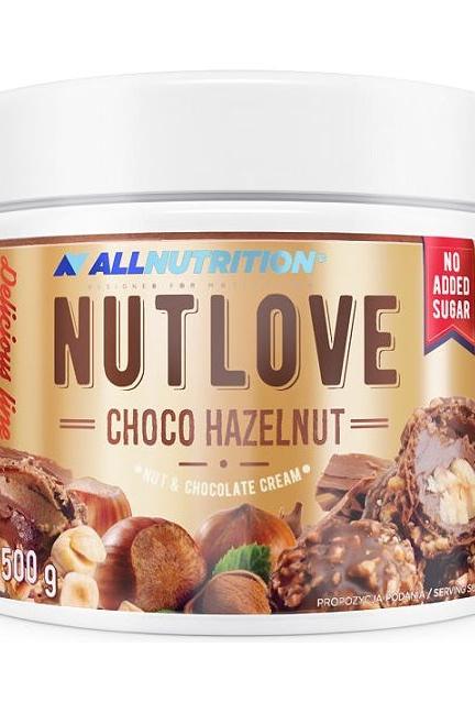 NUTLOVE Choco Hazelnut from ALLNUTRITION in a container showcasing nut and chocolate cream with no added sugar.