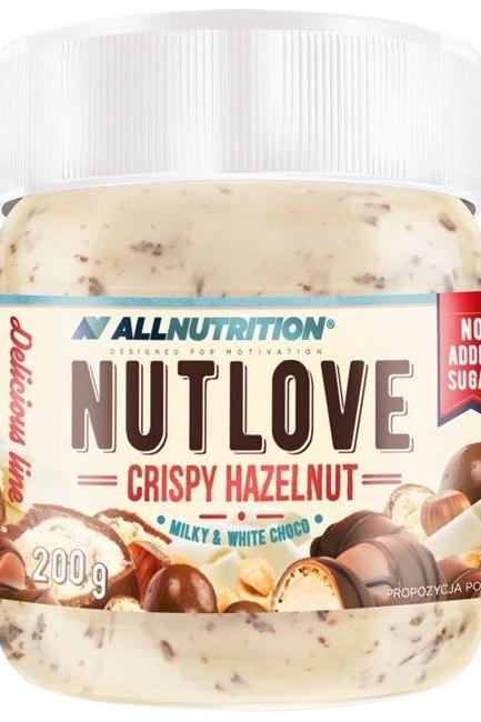 Allnutrition Nutlove Crispy Hazelnut spread jar, 200g, featuring milky and white chocolate, no added sugar.
