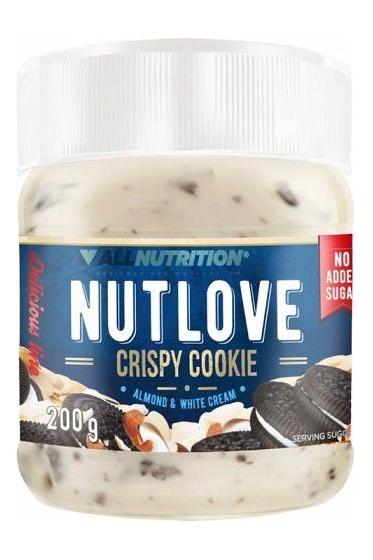 NUTLOVE Crispy Cookie by ALL Nutrition, almond and white cream spread with no added sugar, 200g jar.