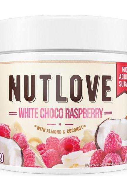 Nutlove White Choco Raspberry spread with almonds and coconut, perfect for sweet cravings, no added sugar.