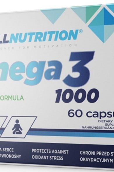 Allnutrition Omega 3 dietary supplement box containing 60 capsules for heart health and wellness.