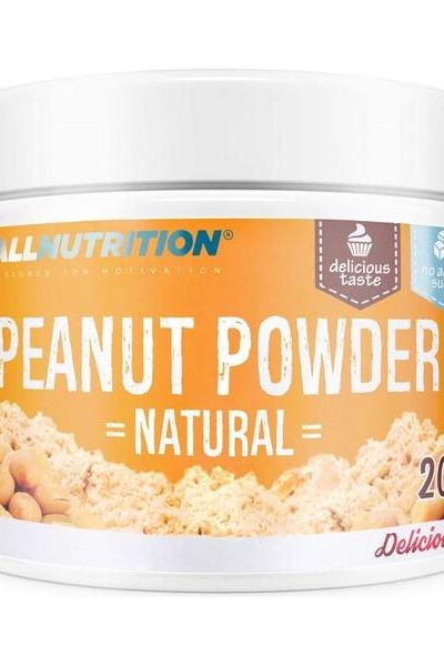 Allnutrition Peanut Powder in a white container, high protein, natural ingredients, 20 servings.