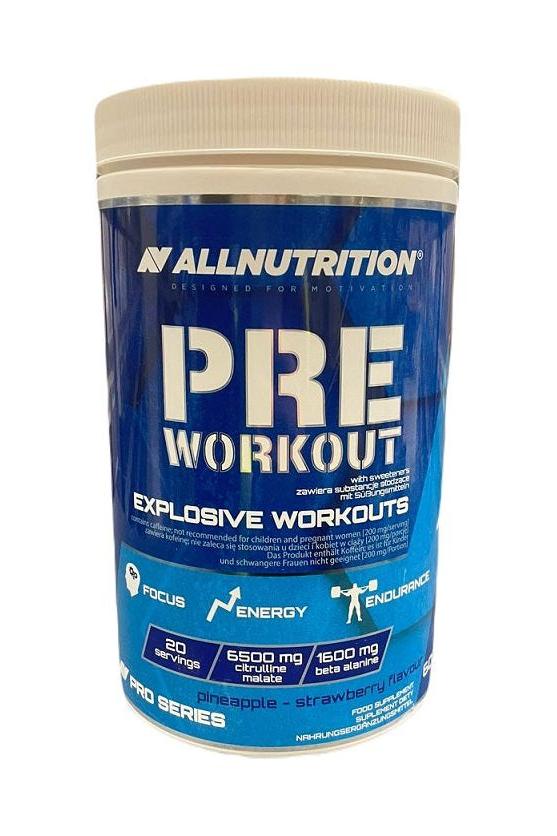 Allnutrition Pre Workout supplement container for increased energy and endurance, featuring pineapple-strawberry flavor.