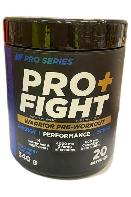 Allnutrition PRO+ Fight pre-workout supplement container with energy-boosting ingredients, 20 servings.