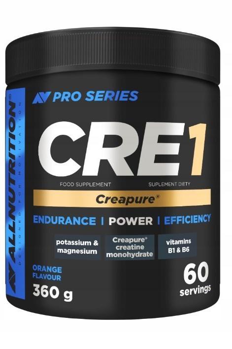 Allnutrition Pro Series CRE1 creatine supplement, orange flavor, 360g, 60 servings, enhances performance with vitamins and minerals.