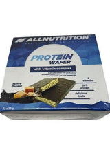 Allnutrition Protein Wafer Bar packaging featuring toffee flavour and 36% protein, enriched with 12 vitamins.