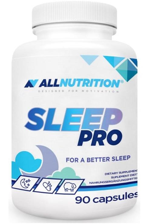 Allnutrition Sleep Pro supplement bottle for better sleep, containing 90 capsules of herbal and amino acid blend.