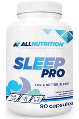 Allnutrition Sleep Pro supplement bottle for better sleep, containing 90 capsules of herbal and amino acid blend.