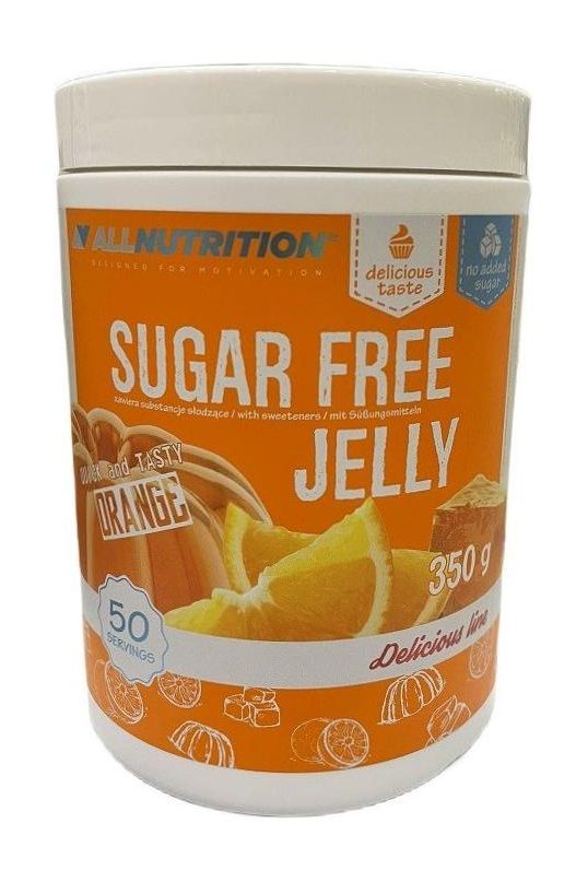 Allnutrition Sugar Free Jelly orange flavor, 350g container, low-calorie dessert option with delicious taste.