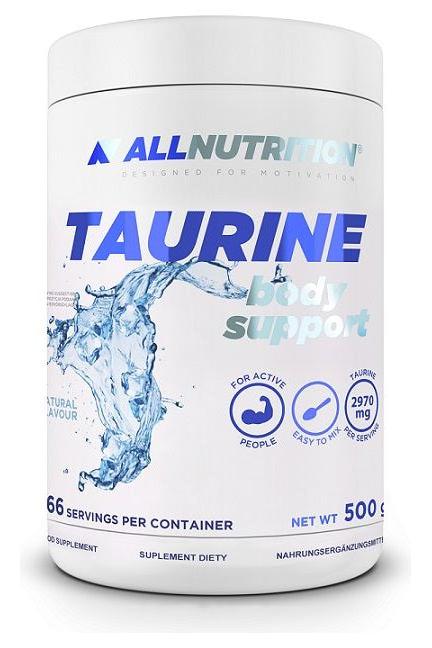 Allnutrition Taurine Body Support supplement container with water splash design, 500g, enhances performance and recovery.