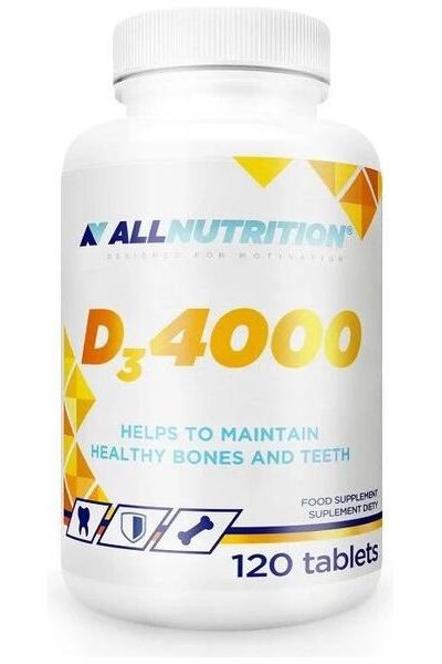 Allnutrition D3 4000 supplement bottle with 120 tablets for healthy bones and immune support.