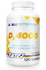 Allnutrition D3 4000 supplement bottle with 120 tablets for healthy bones and immune support.