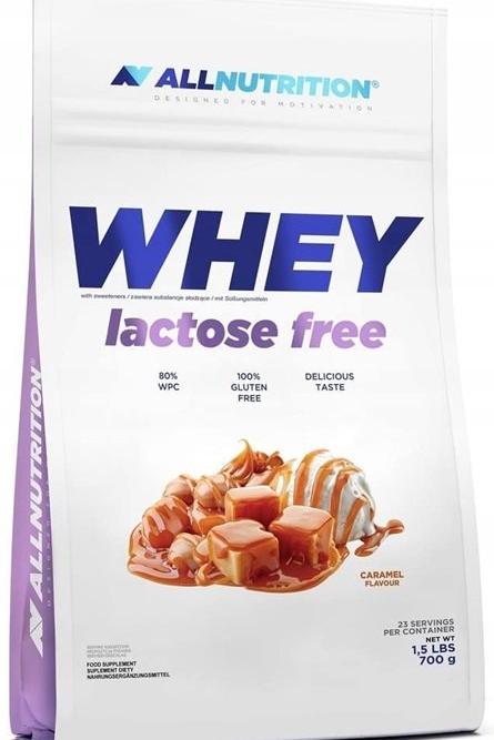 Allnutrition Whey Lactose Free protein supplement bag with caramel flavor, gluten-free and lactose-free.