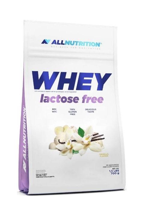 Allnutrition Whey Lactose Free protein powder packaging with vanilla flavor, designed for lactose intolerant users.