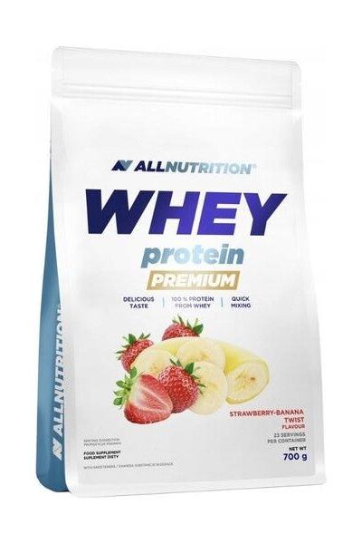 Allnutrition Whey Protein Premium Strawberry-Banana flavor, high-quality whey protein, 700g packaging.