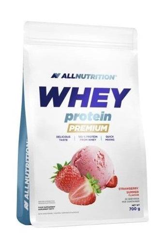 Allnutrition Whey Protein Premium package showcasing strawberry flavor, 700g, high-quality protein for quick absorption.