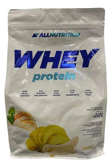 Allnutrition Whey Protein bag showcasing high BCAA content, 21g protein per serving, low fat, gluten free, and banana flavor.