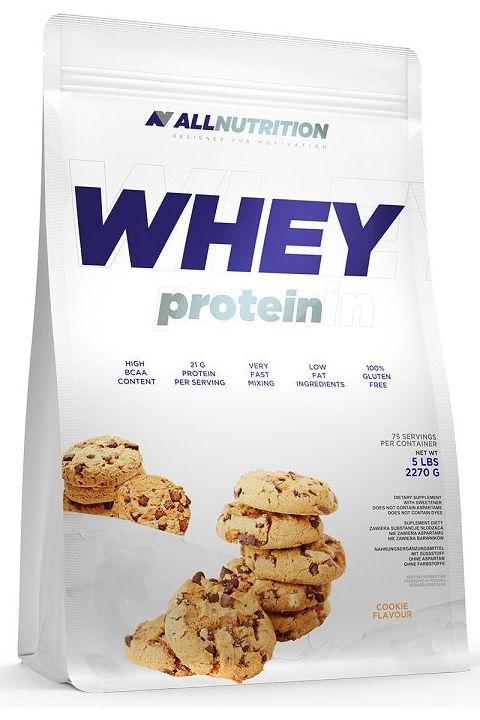 Allnutrition Whey Protein bag featuring cookie flavor, high protein content, and low fat for muscle recovery.