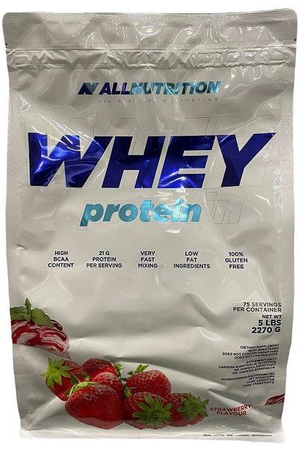 Allnutrition Whey Protein packaging featuring high BCAA content and low-fat ingredients, ideal for muscle recovery.