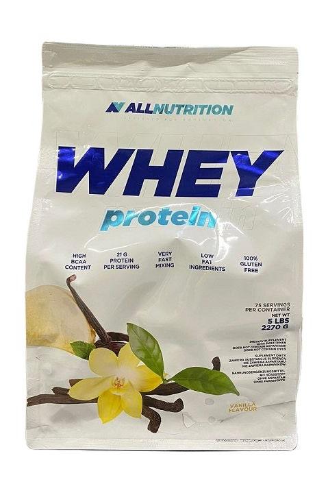 Allnutrition Whey Protein powder bag with vanilla flavor, 5 lbs, high protein content, and gluten-free ingredients.