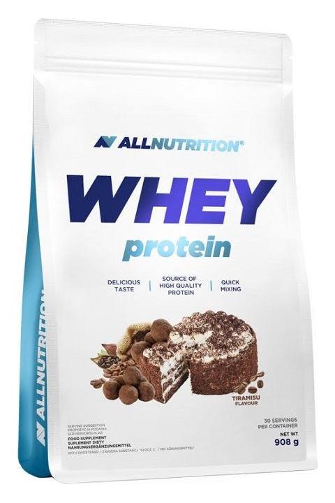 Allnutrition Whey Protein pack featuring Tiramisu flavor, high quality protein source for muscle recovery and growth.