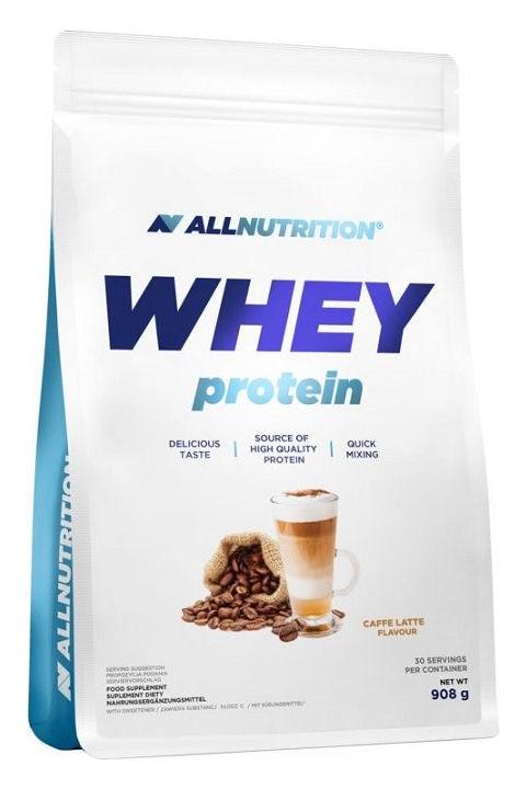 Allnutrition Whey Protein packaging featuring Caffe Latte flavor, a high-quality protein source for muscle recovery.