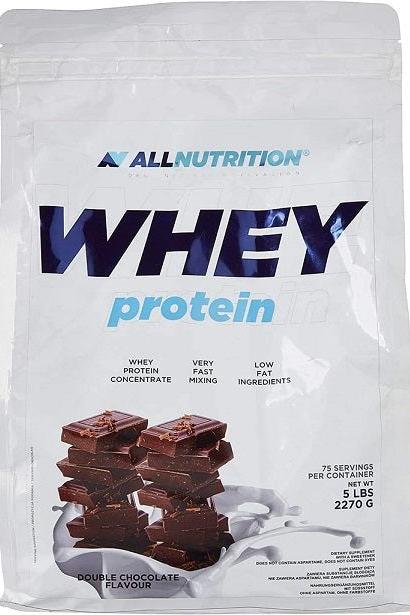 Allnutrition Whey Protein bag featuring double chocolate flavor for muscle building and recovery.