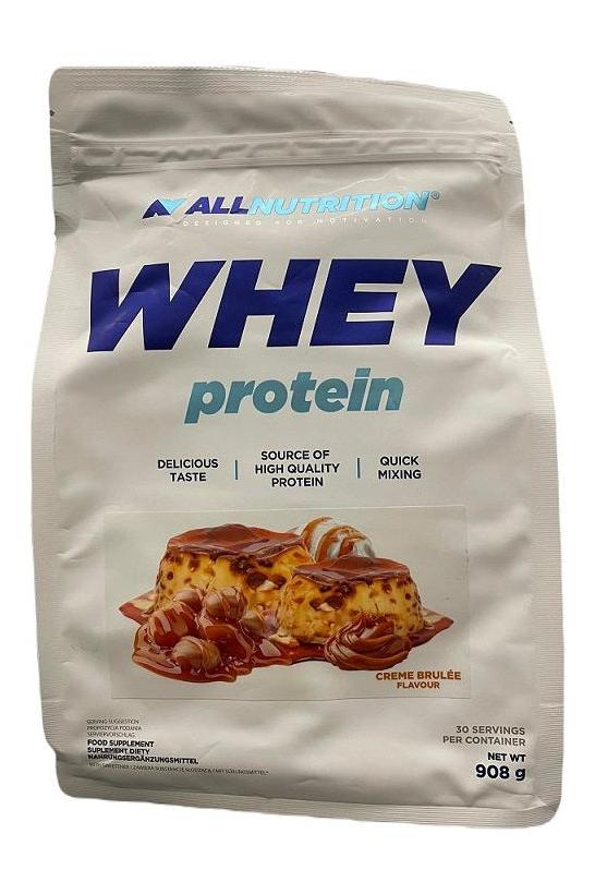 Allnutrition Whey Protein powder bag in crème brûlée flavor, highlighting high-quality protein and quick mixing.