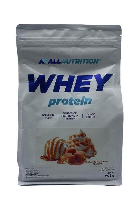 Allnutrition Whey Protein supplement package featuring caramel ice cream flavor, high-quality protein, and quick mixing.
