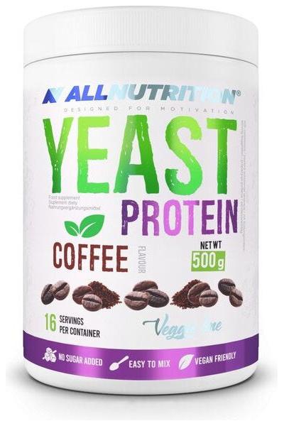 Allnutrition Yeast Protein in Coffee flavor, vegan-friendly, 500g, 16 servings, no sugar added.