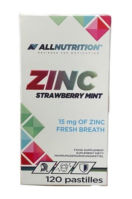 Allnutrition Zinc Strawberry Mint supplement box with 15 mg of zinc in fresh breath pastilles, 120 count.
