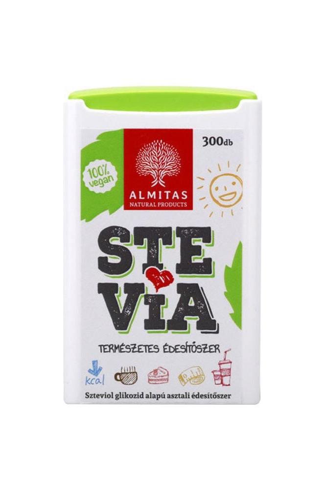 Almitas Stevia 300 tablets, a natural sweetener with low calories, suitable for diabetics, vegan-friendly.