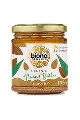 Biona Organic Almond Butter jar, smooth texture, 170g, free from palm oil, perfect for healthy spreads and recipes.