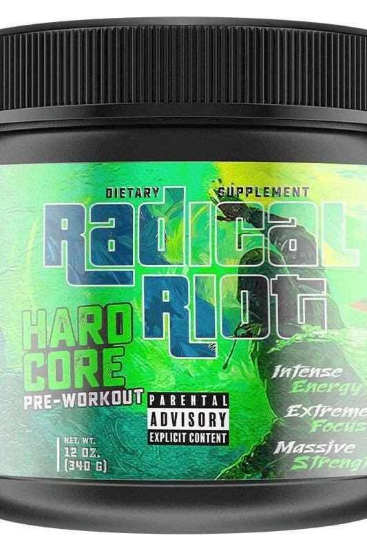 Radical Riot V3 pre-workout supplement jar featuring intense energy, extreme focus, and massive strength benefits.