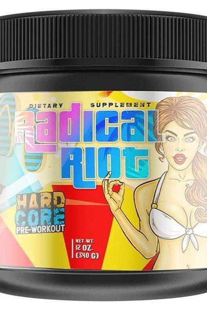Radical Riot pre-workout supplement container showcasing vibrant design and benefits for enhanced focus and energy during workouts.