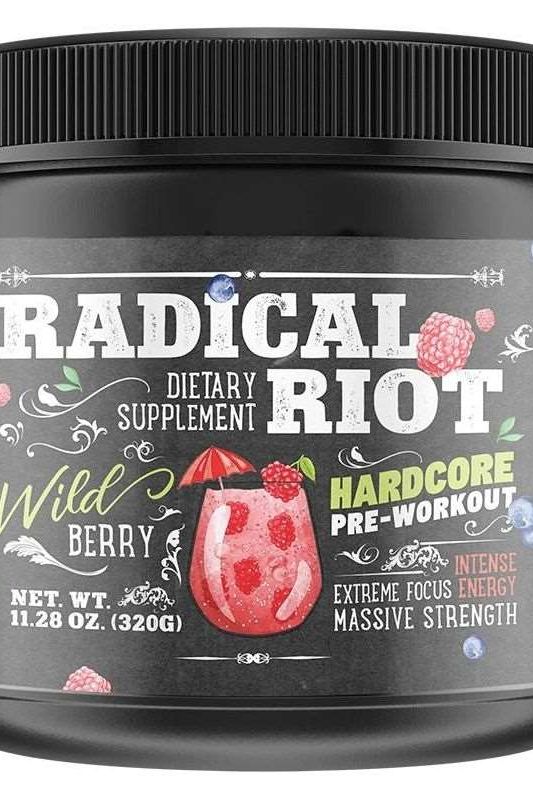 Radical Riot Wild Berry pre-workout supplement jar for intense energy, focus, and strength during workouts.