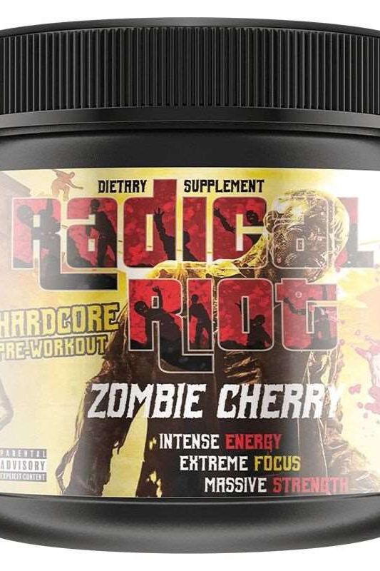 Radical Riot Zombie Cherry supplement jar for intense energy, extreme focus, and massive strength in workouts.