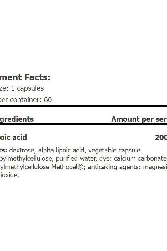 Nutrition facts label for AMIX ALA Alpha Lipoic Acid capsules, detailing ingredients and serving size.