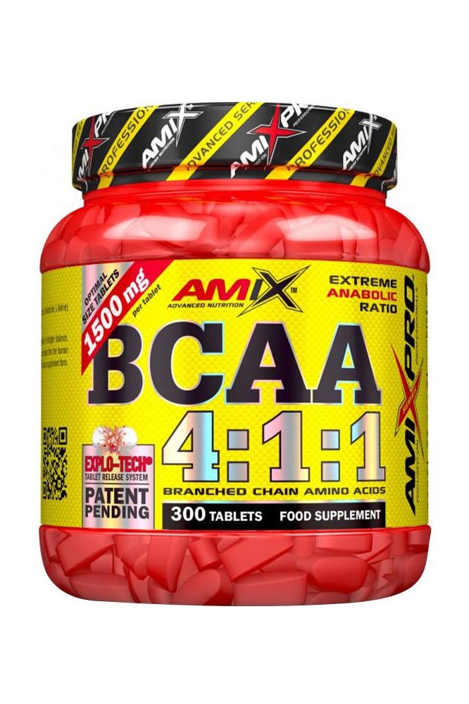 Amixpro BCAA 4:1:1 supplement bottle, featuring 300 tablets of branched-chain amino acids in orange packaging.