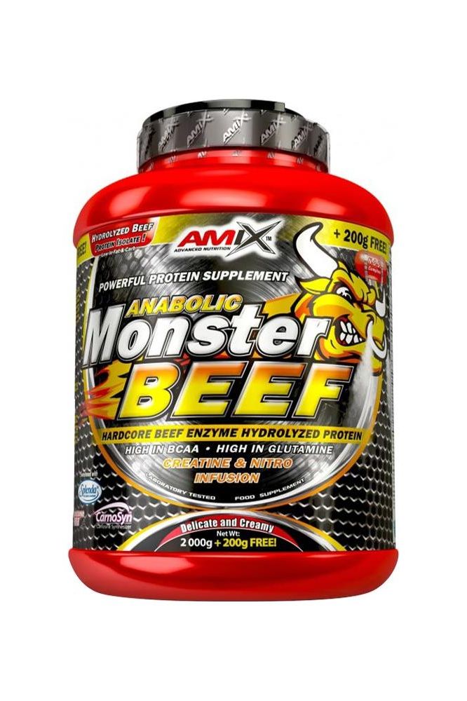 Amix Anabolic Monster Beef Protein supplement with beef enzyme hydrolyzed protein, featuring high BCAAs and glutamine.