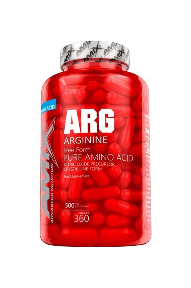 Amix Arginine supplement bottle with red capsules, promoting nitric oxide production and muscle recovery.