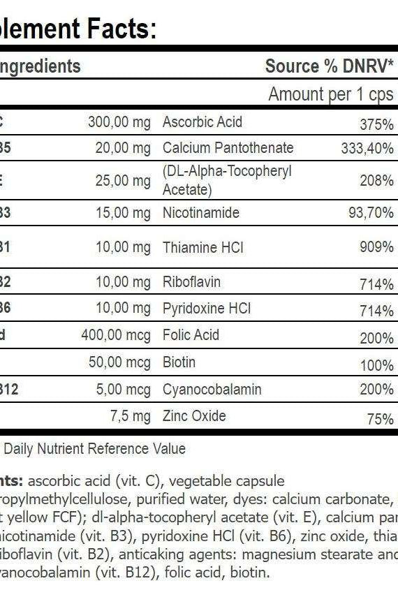 Supplement Facts panel for Amix B-Complex + Vitamin C&E capsules, detailing vitamins and minerals.