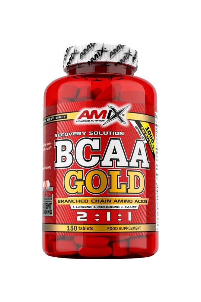 Amix BCAA Gold food supplement bottle with 150 tablets for muscle recovery and protein synthesis.