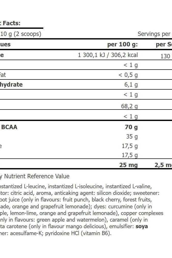 Nutrition facts label for Amix BCAA Micro Instant Juice, highlighting 2:1:1 BCAA ratio and vitamin B6 content.