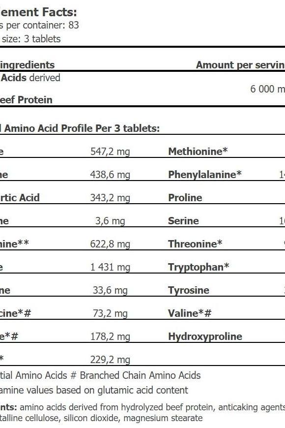 Nutritional facts for Amix Beef Amino, detailing ingredients and amino acid profile per serving.