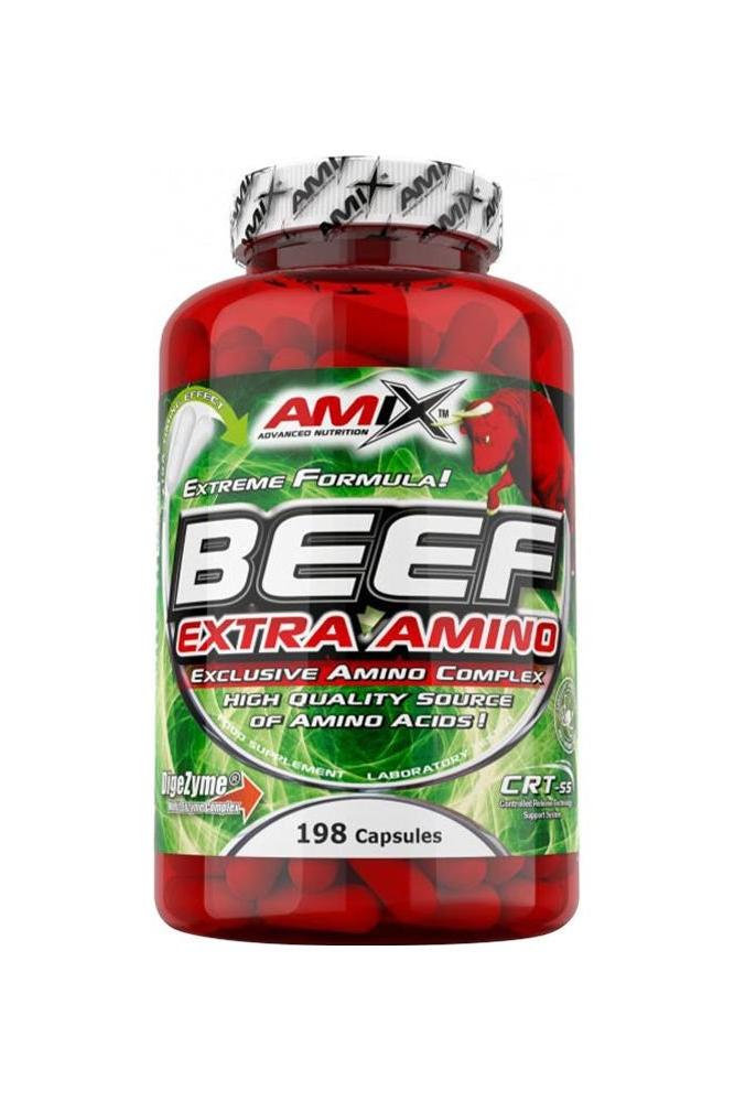 Amix Beef Extra Amino supplement bottle with 198 capsules for muscle recovery and performance.