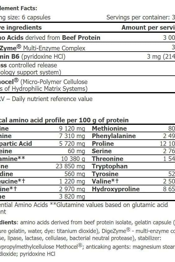 Nutrition facts for Amix - Beef Extra Amino, highlighting amino acids and ingredients per serving.