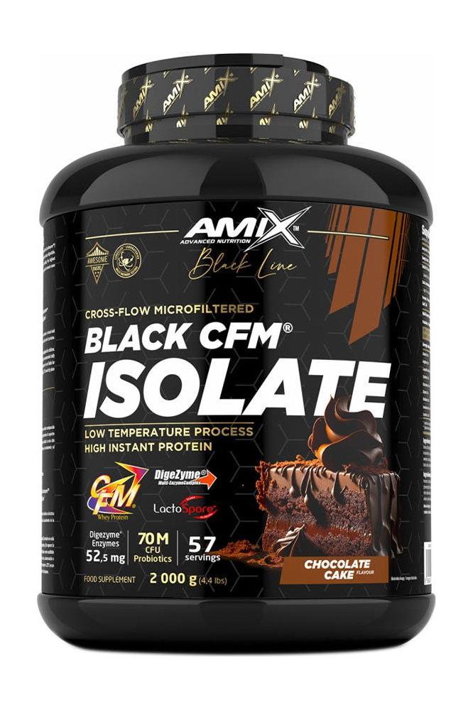 Amix Black CFM Isolate protein powder, chocolate cake flavor, low fat, gluten-free, with probiotics and enzymes.