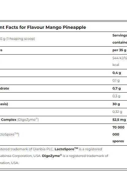 Nutritional information for Amix Black CFM Isolate in Mango Pineapple flavor, including serving details.