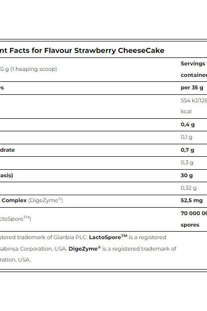 Nutritional facts for Amix Black Line Black CFM Isolate Strawberry Cheesecake flavor, detailing calories and ingredients.